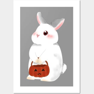 White Rabbit ready to Treat or Trick _ Bunniesmee Halloween Design Posters and Art